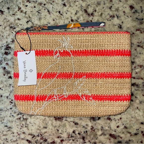 NWT Vera Bradley Straw Beach Wristlet Coastal Paradise Parrot Embroidered New - Picture 1 of 9